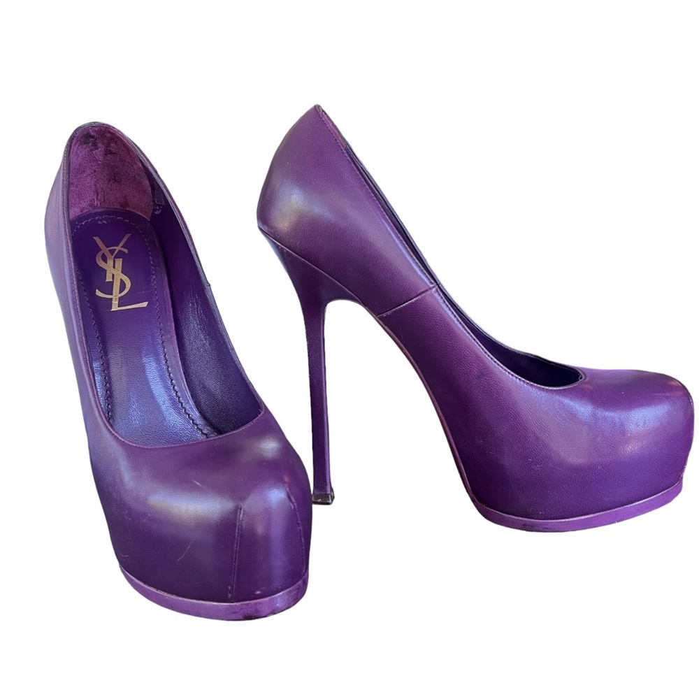 Authentic Yves Saint Laurent Rive Gauche Purple Leather Pumps Size 38 1/2